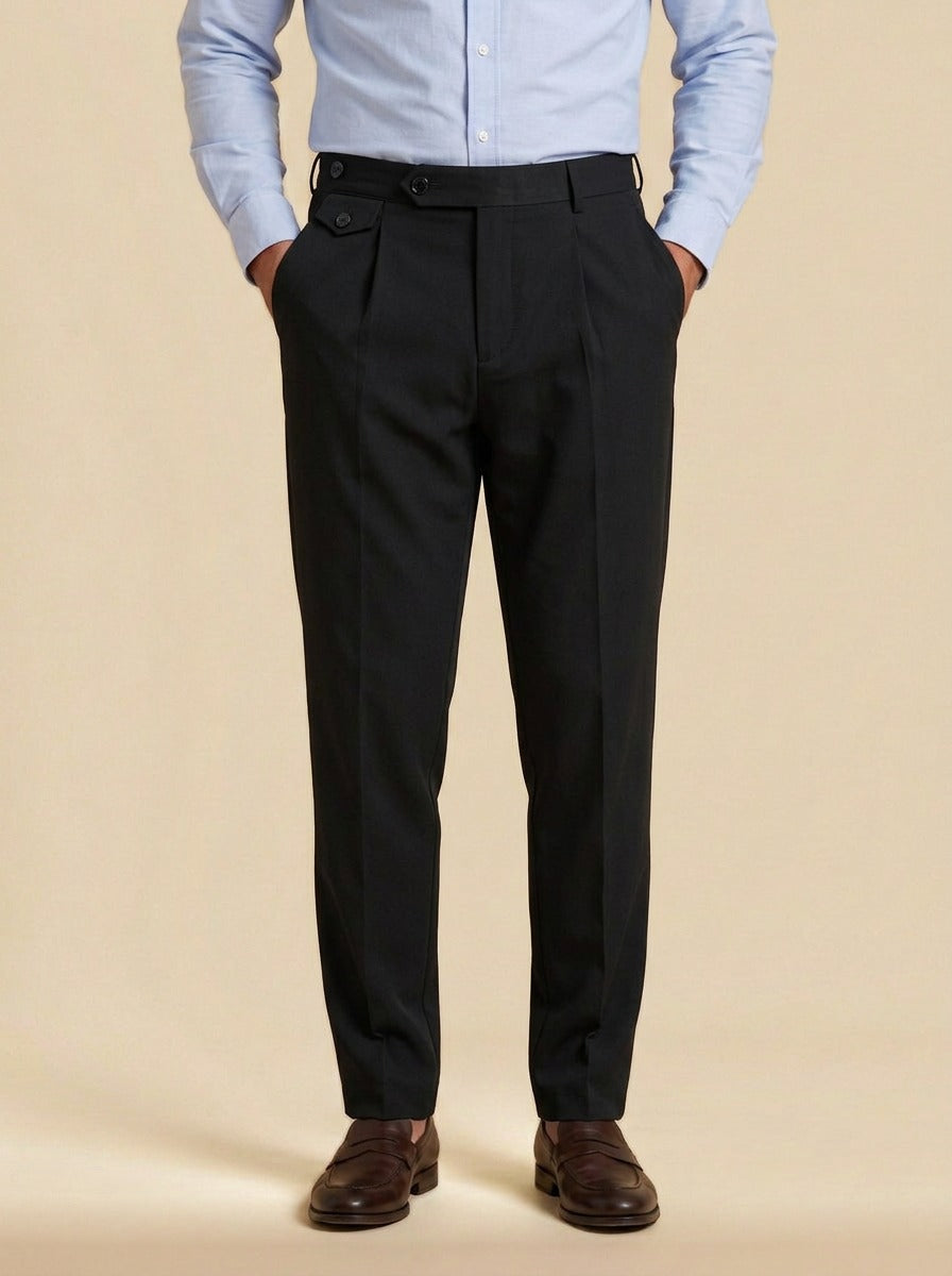 Wilfred button tab tapered trousers in Black, studio, Gentlemens Manor