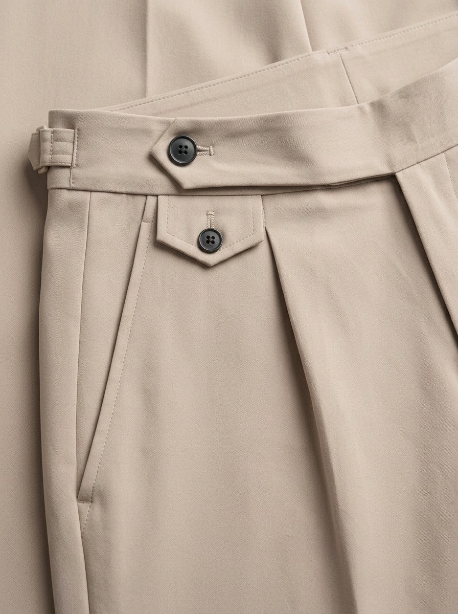 Wilfred button tab tapered trousers, fabric close up, Gentlemens Manor