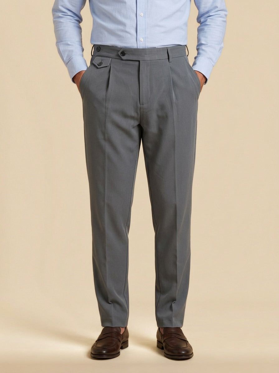 Wilfred button tab tapered trousers in Grey, studio, Gentlemens Manor