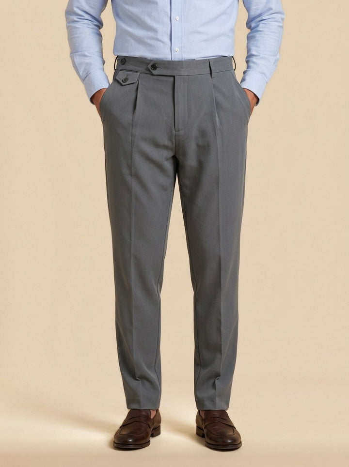 Wilfred button tab tapered trousers in Grey, studio, Gentlemens Manor