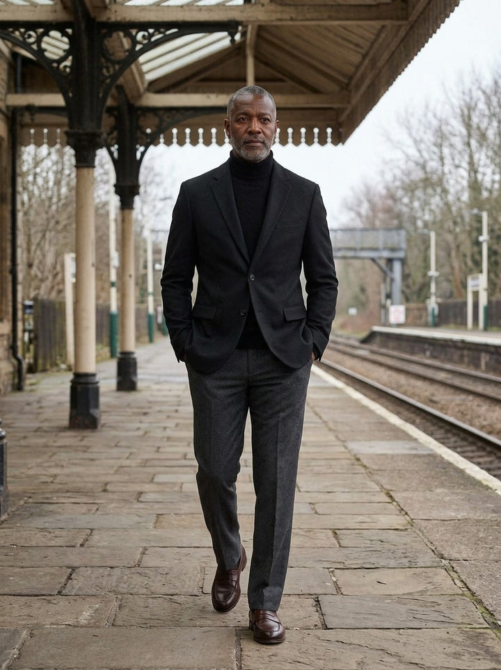 Willard two button blazer in Black, lifestyle on a railway platform, Gentlemens Manor
