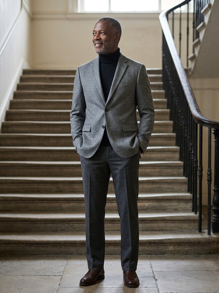 Willard two button blazer in Grey, lifestyle on a civic stone staircase, Gentlemens Manor