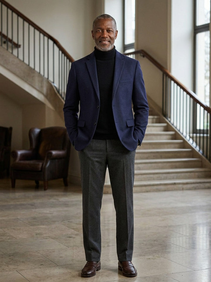Willard two button blazer in Navy, lifestyle in a hotel lobby, Gentlemens Manor