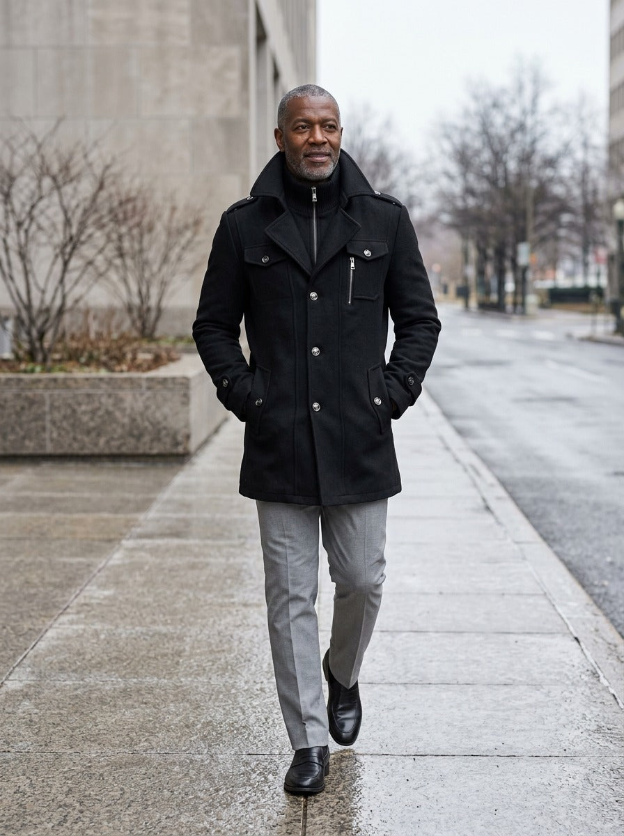 Winfield winter coat in Black, lifestyle, Gentlemens Manor