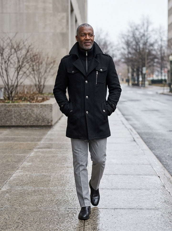 Winfield winter coat in Black, lifestyle, Gentlemens Manor