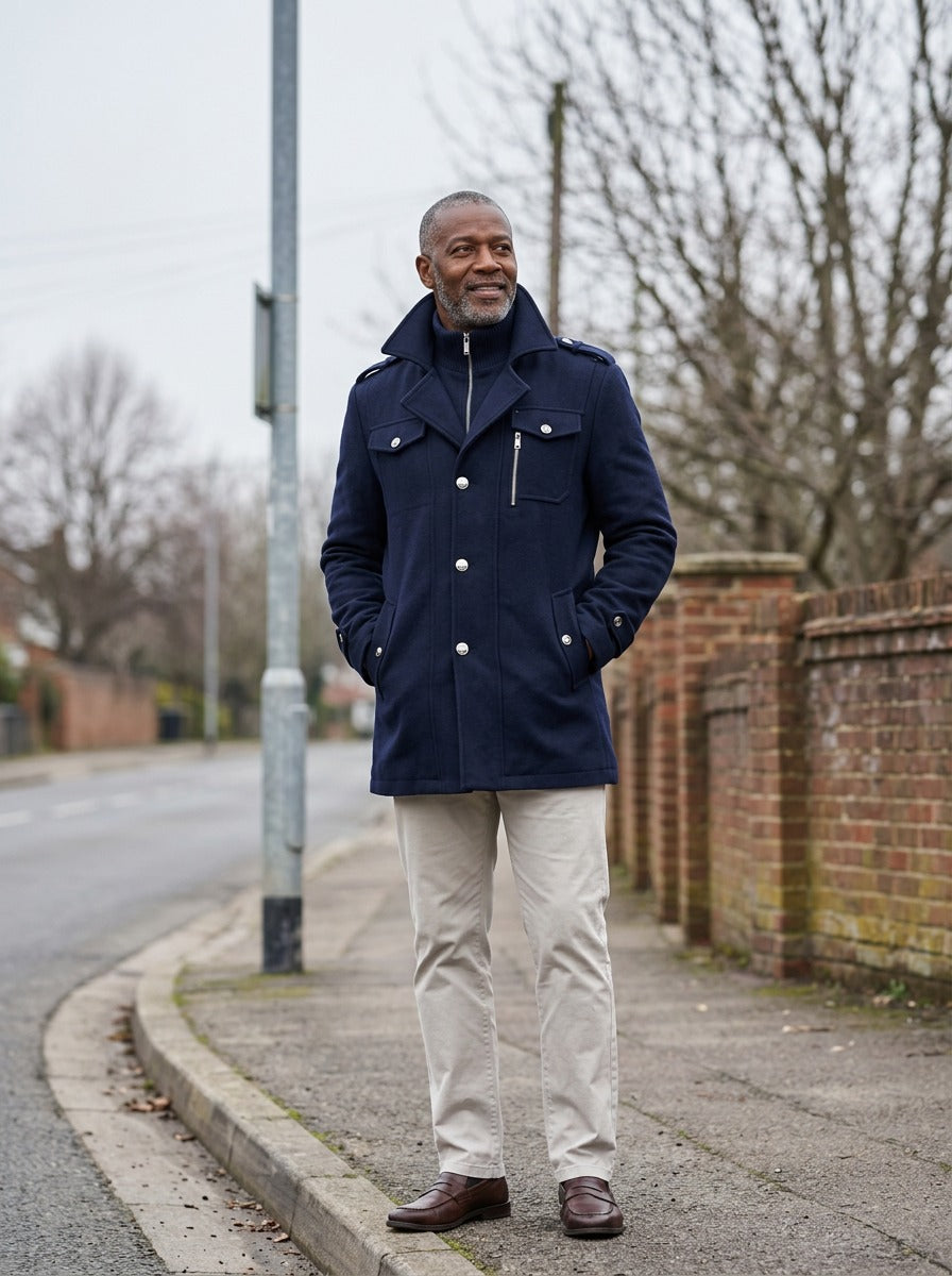 Winfield winter coat in Navy, lifestyle, Gentlemens Manor