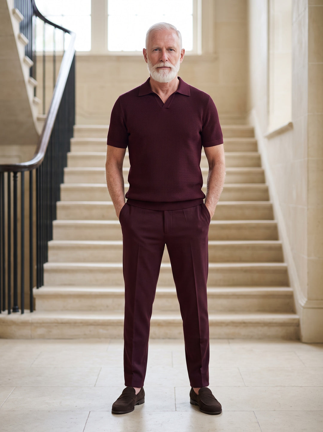 Winslow two piece set in Burgundy, lifestyle, Gentlemens Manor