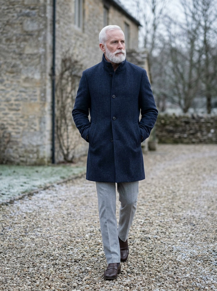 Winston overcoat in Navy, lifestyle, Gentlemens Manor