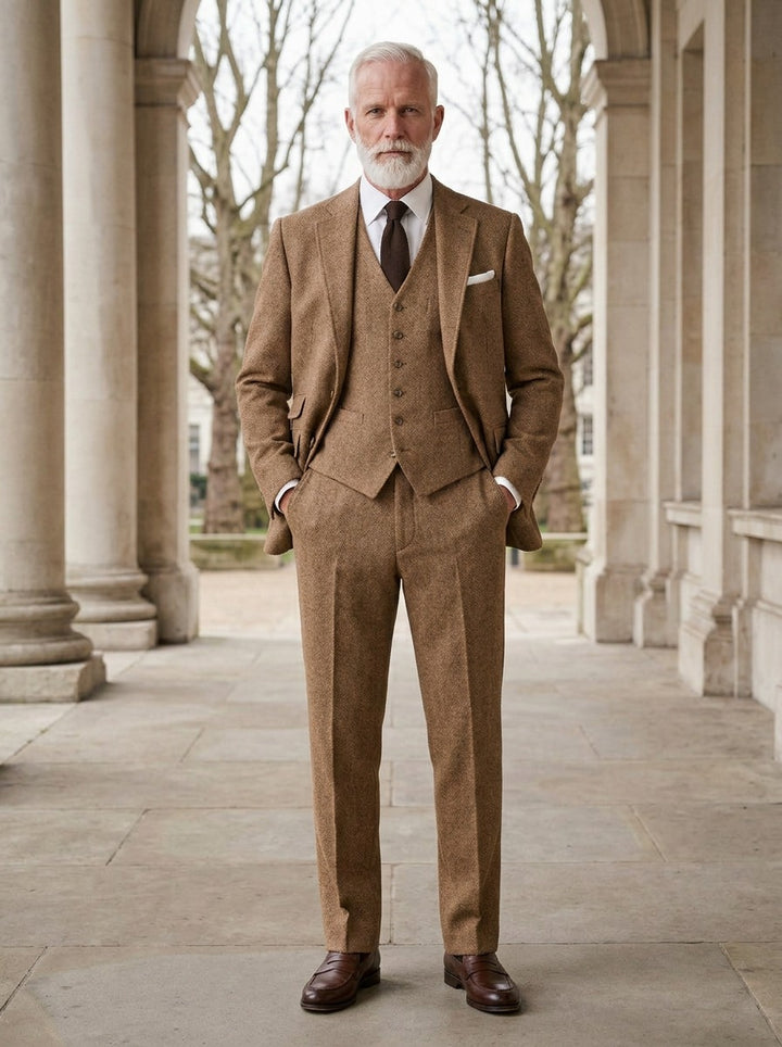 Winthrop tweed three piece suit in Brown, lifestyle, Gentlemens Manor