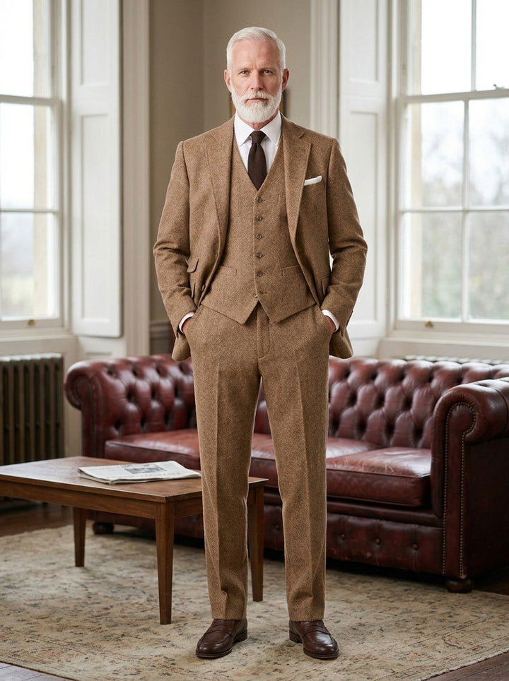Winthrop tweed three piece suit in Brown, lifestyle, Gentlemens Manor