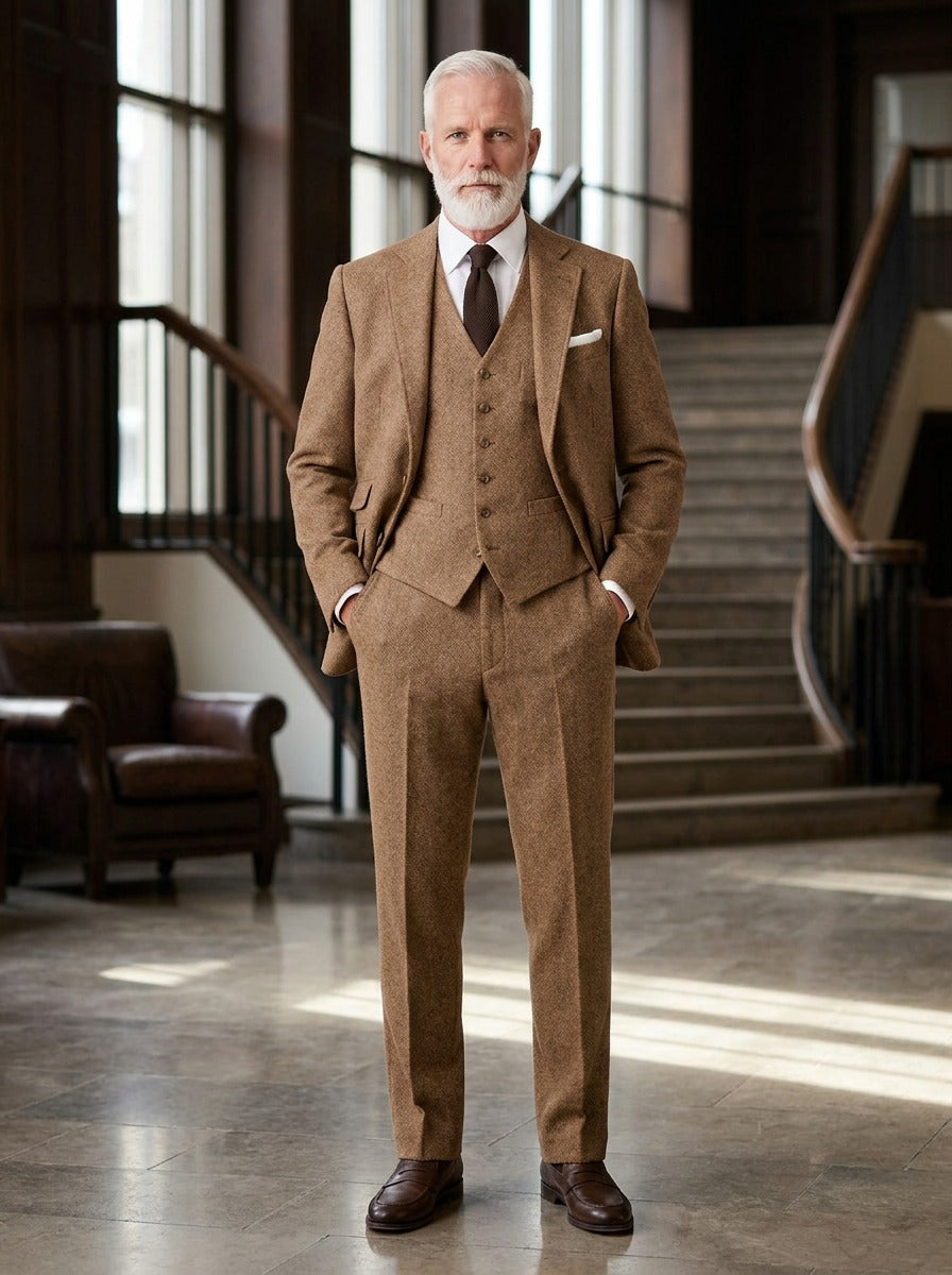 Winthrop tweed three piece suit in Brown, lifestyle, Gentlemens Manor
