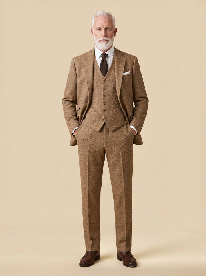 Winthrop tweed three piece suit in Brown, studio, Gentlemens Manor