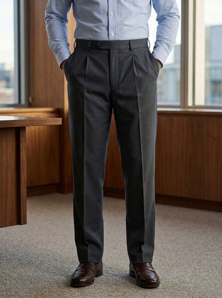 Wolcott pleated dress pants in Charcoal, lifestyle in a timber paneled office, Gentlemens Manor