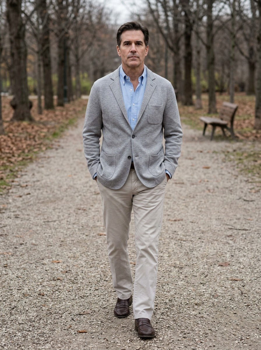 Woodrow knit blazer in Light Grey, lifestyle on a park path, Gentlemens Manor