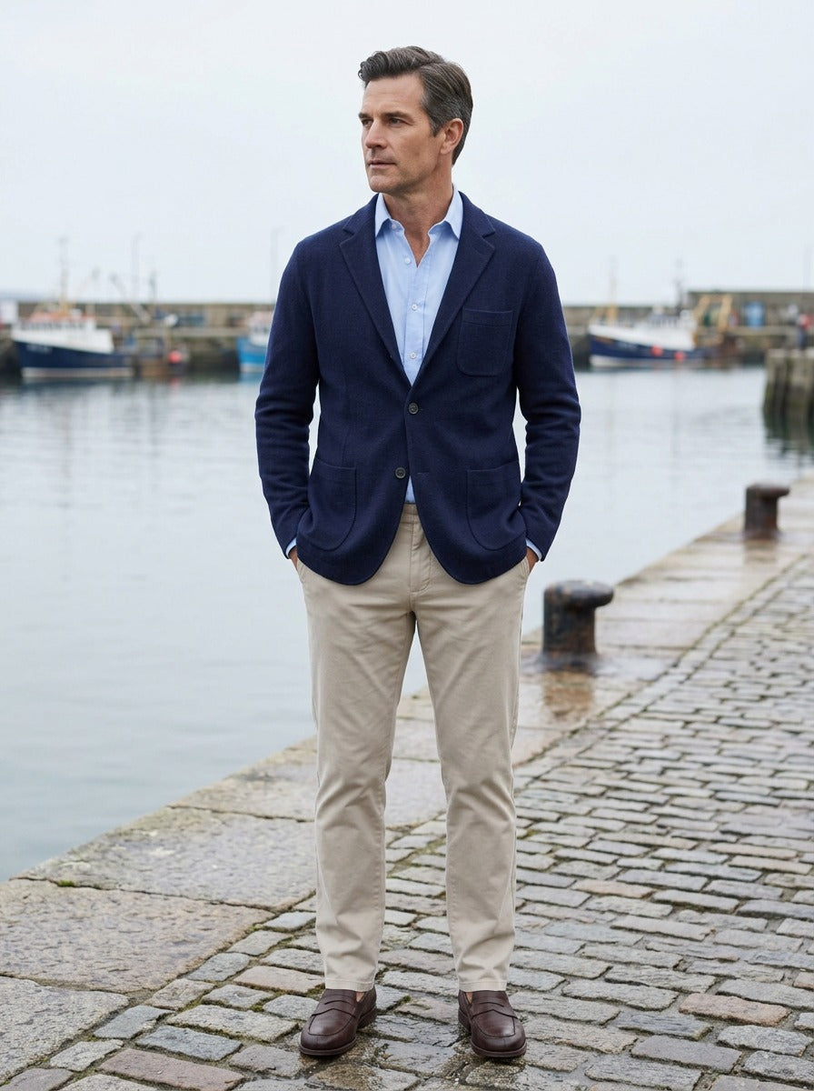 Woodrow knit blazer in Navy, lifestyle on a stone harbor quay, Gentlemens Manor