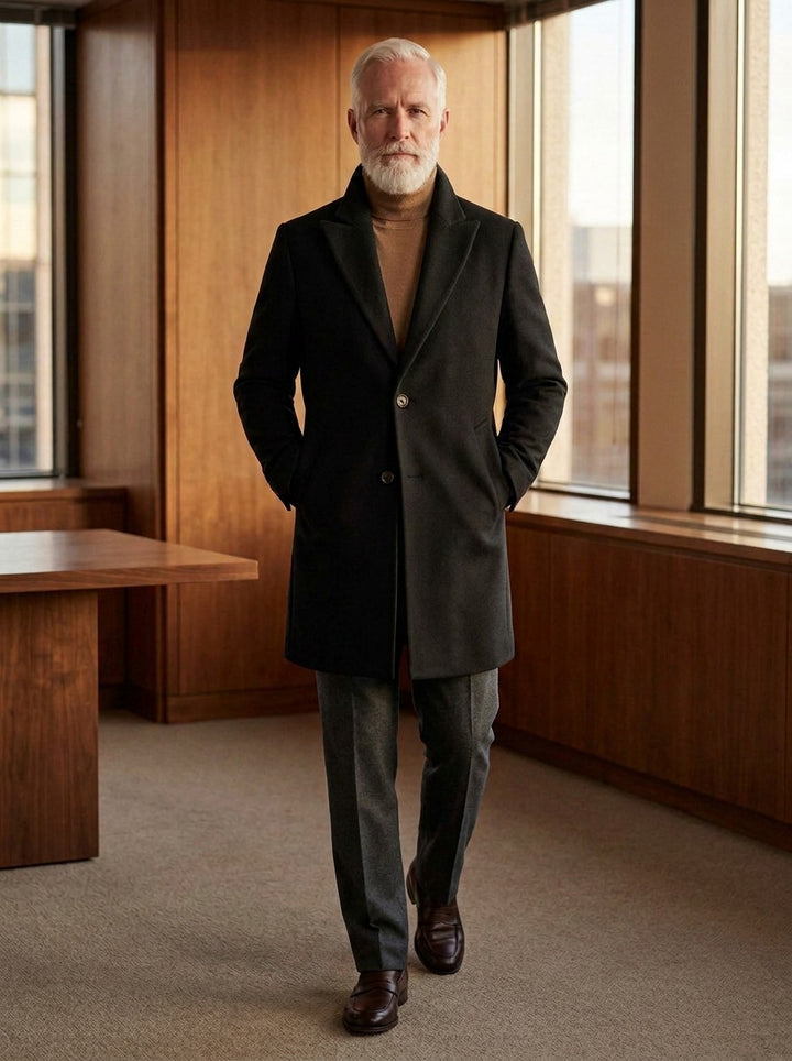 Woodward wide lapel car coat in Black, lifestyle in a timber paneled office, Gentlemens Manor