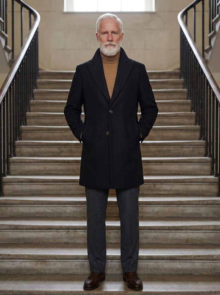 Woodward wide lapel car coat in Black, lifestyle on a civic stone staircase, Gentlemens Manor