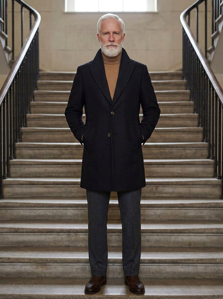 Woodward wide lapel car coat in Black, lifestyle on a civic stone staircase, Gentlemens Manor