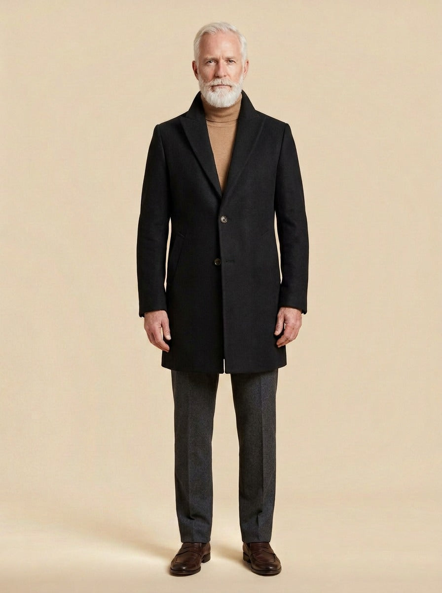 Woodward wide lapel car coat in Black, studio, Gentlemens Manor