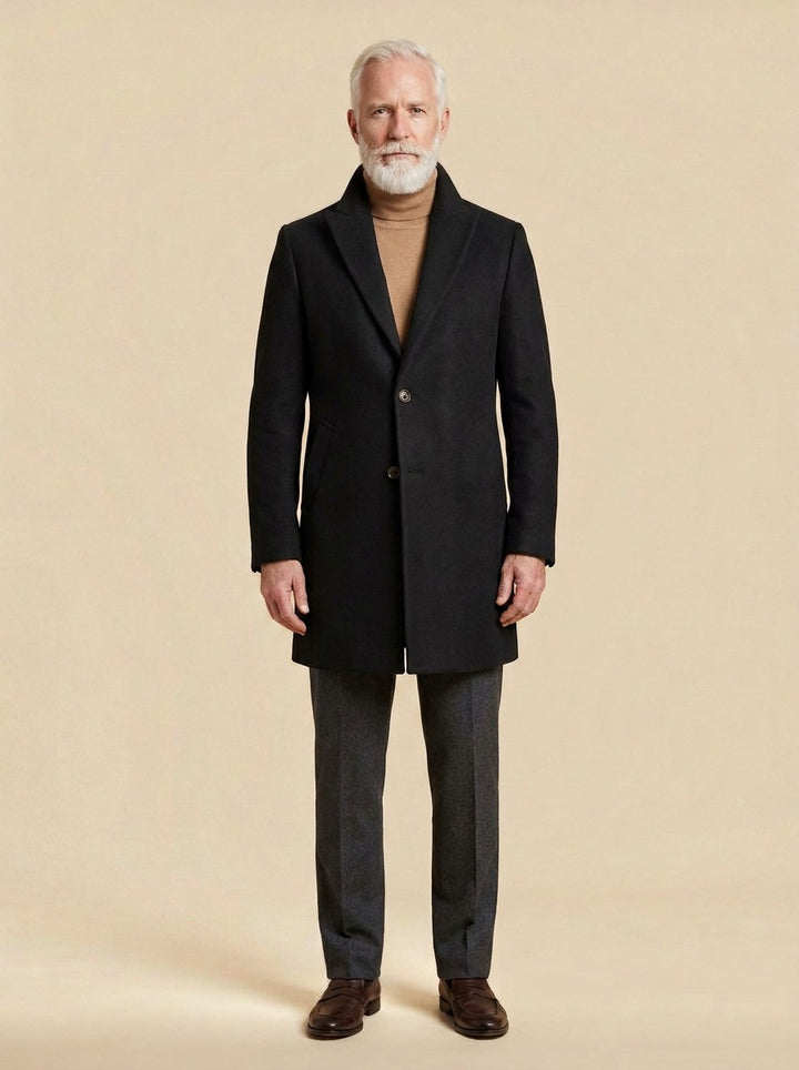 Woodward wide lapel car coat in Black, studio, Gentlemens Manor