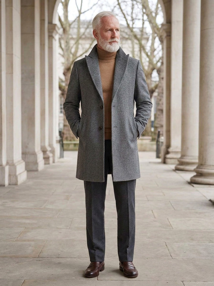 Woodward wide lapel car coat in Grey, lifestyle in a stone colonnade, Gentlemens Manor