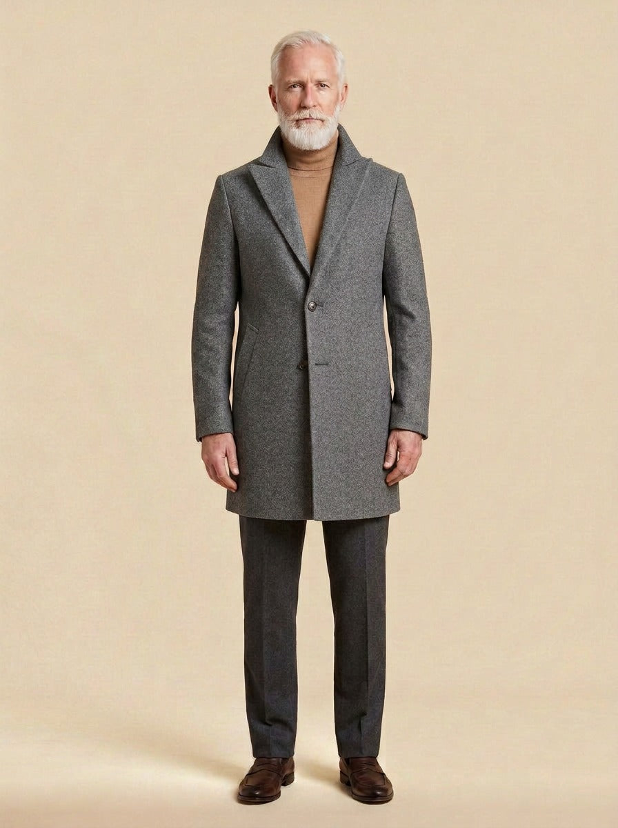Woodward wide lapel car coat in Grey, studio, Gentlemens Manor