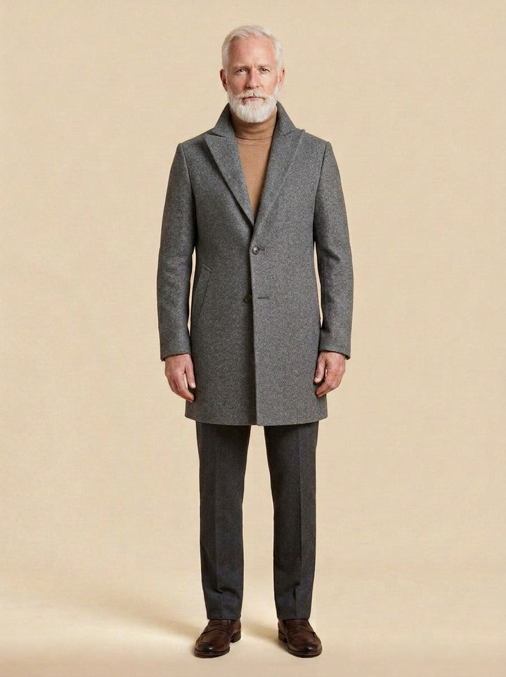 Woodward wide lapel car coat in Grey, studio, Gentlemens Manor