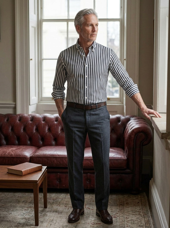 Wright striped button up shirt in Black, lifestyle in a club reading room, Gentlemens Manor
