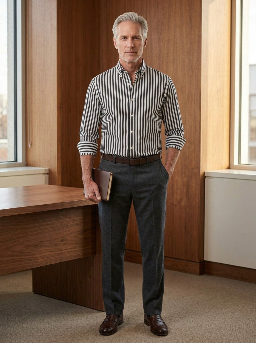 Wright striped button up shirt in Black, lifestyle in a timber paneled office, Gentlemens Manor