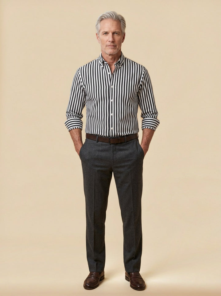 Wright striped button up shirt in Black, studio, Gentlemens Manor