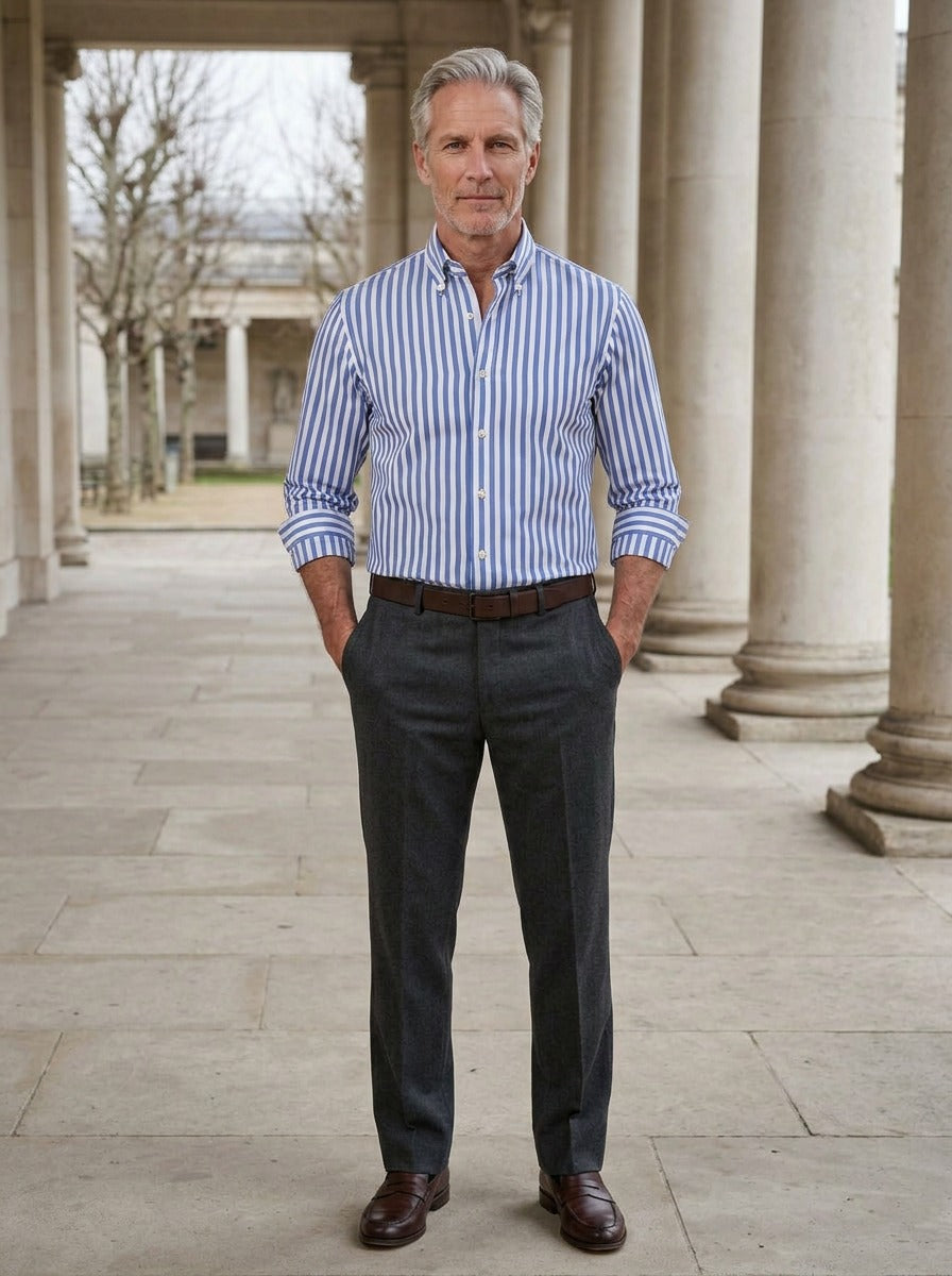 Wright striped button up shirt in Light Blue, lifestyle in a stone colonnade, Gentlemens Manor