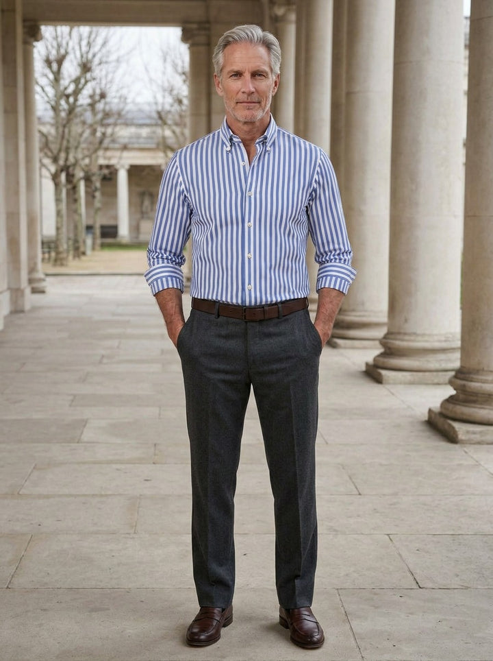 Wright striped button up shirt in Light Blue, lifestyle in a stone colonnade, Gentlemens Manor