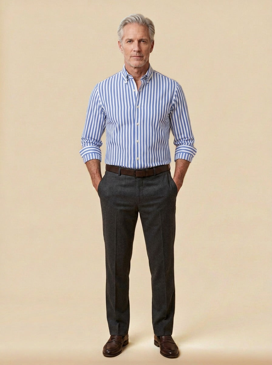 Wright striped button up shirt in Light Blue, studio, Gentlemens Manor
