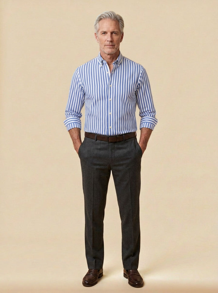 Wright striped button up shirt in Light Blue, studio, Gentlemens Manor