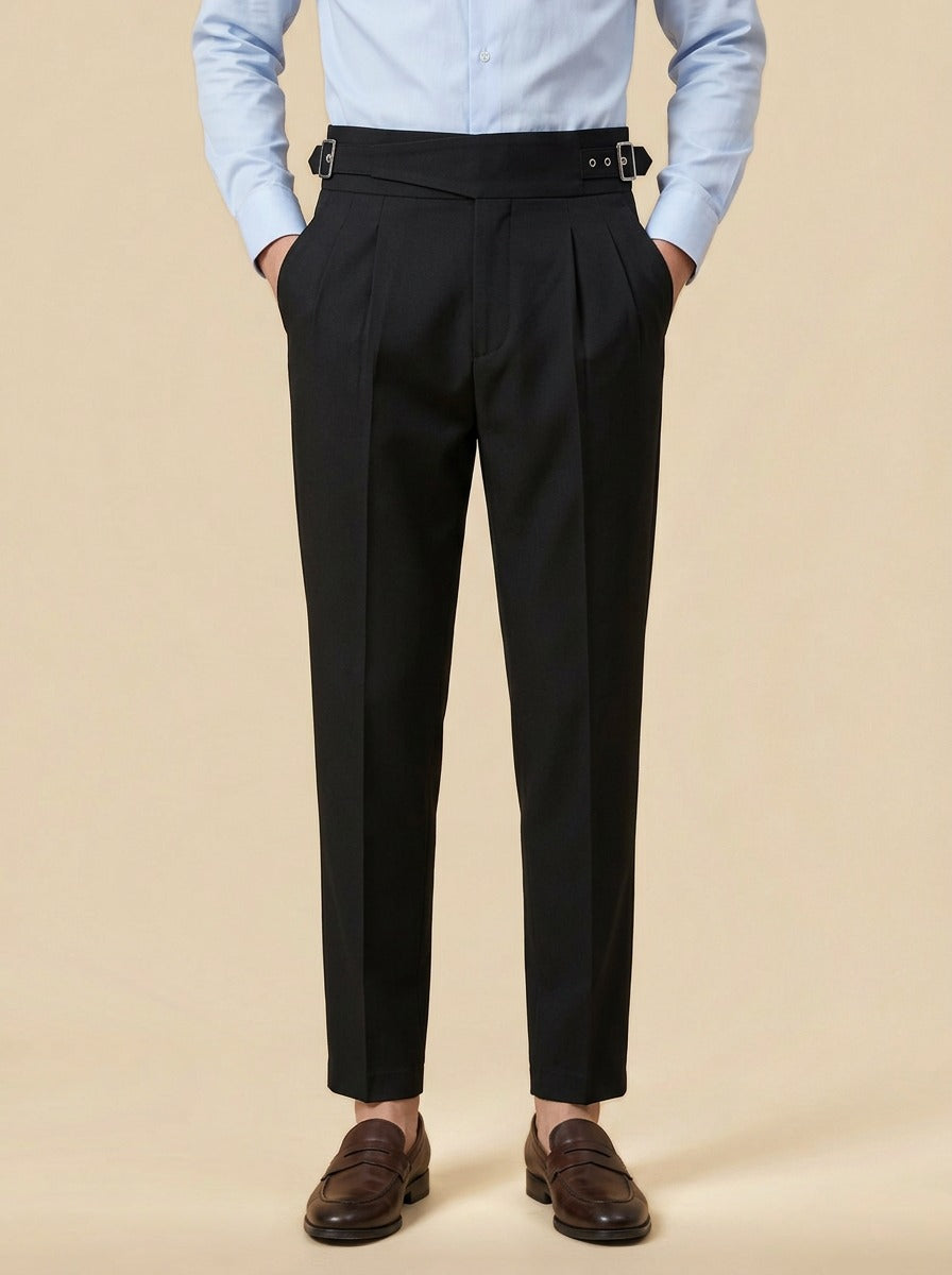 Wyatt crossover strap high waisted trousers in Black, studio, Gentlemens Manor
