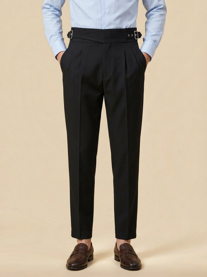 Wyatt crossover strap high waisted trousers in Black, studio, Gentlemens Manor
