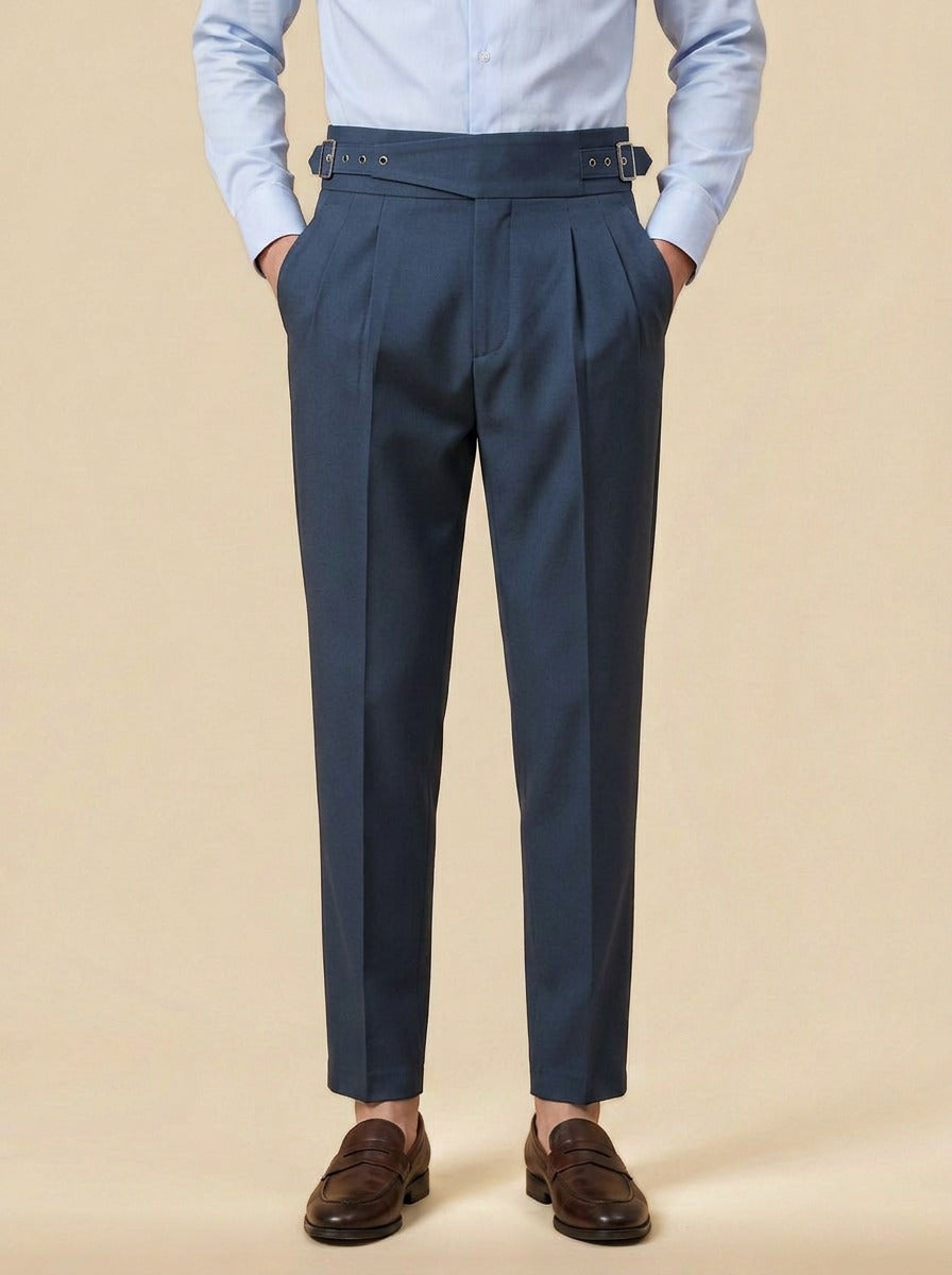 Wyatt crossover strap high waisted trousers in Blue, studio, Gentlemens Manor