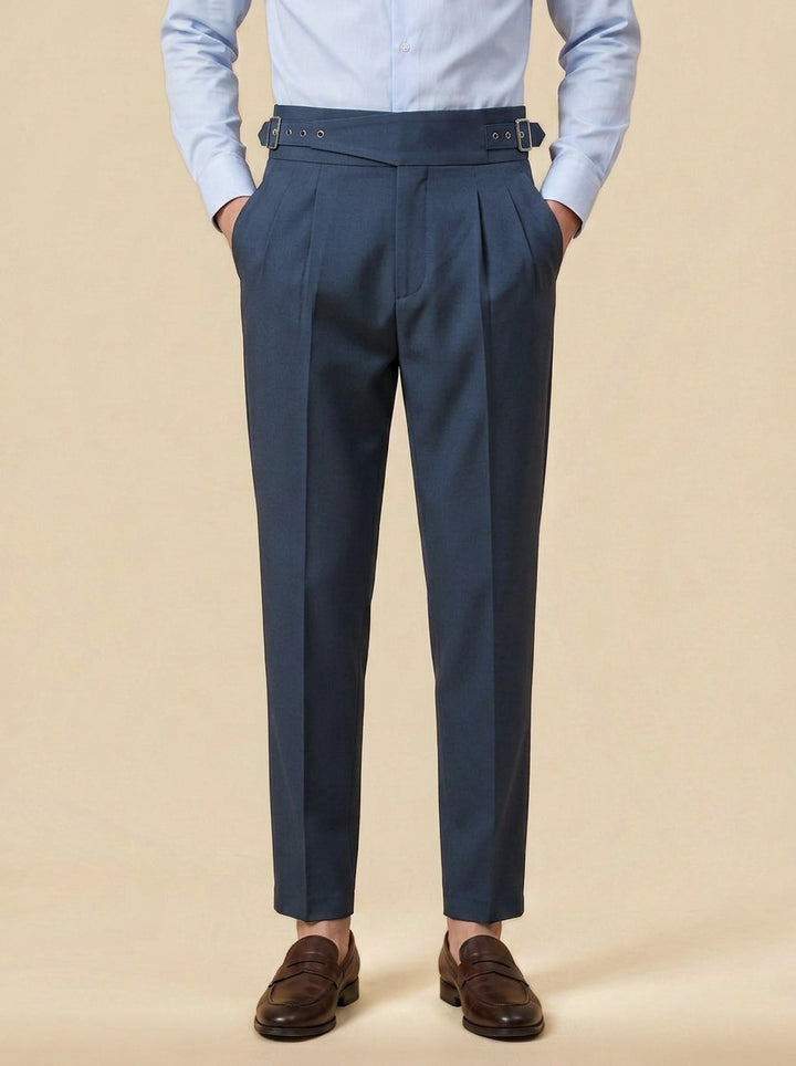 Wyatt crossover strap high waisted trousers in Blue, studio, Gentlemens Manor