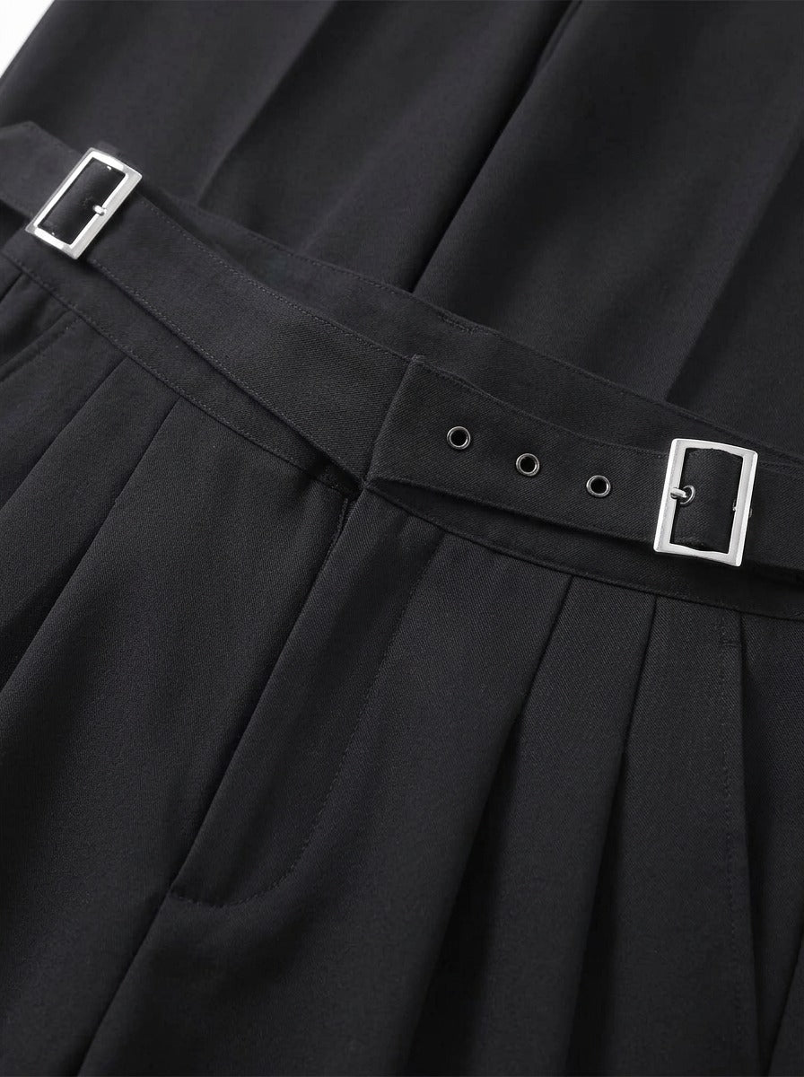 Wyatt crossover strap high waisted trousers, fabric close up, Gentlemens Manor
