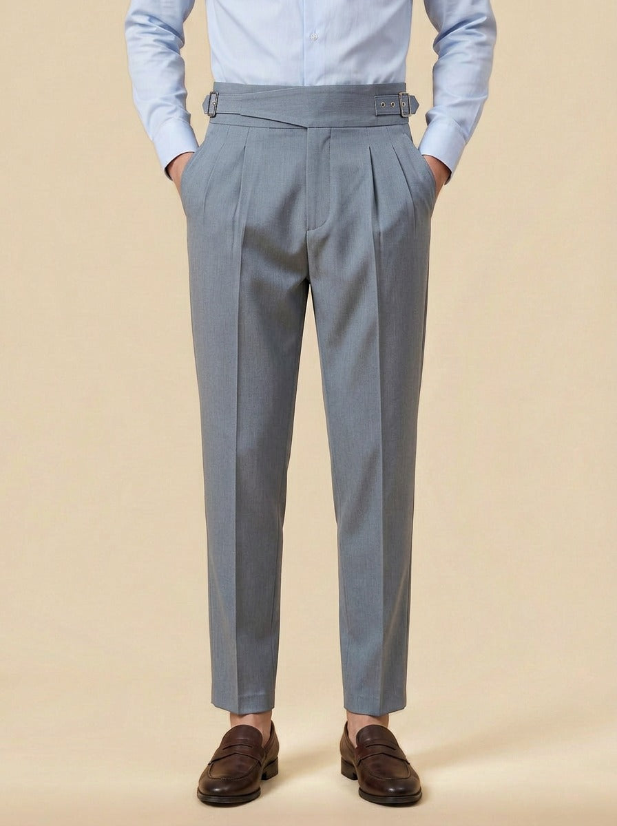 Wyatt crossover strap high waisted trousers in Grey, studio, Gentlemens Manor