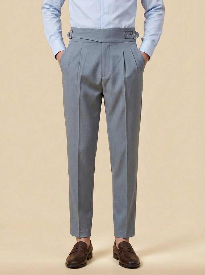 Wyatt crossover strap high waisted trousers in Grey, studio, Gentlemens Manor