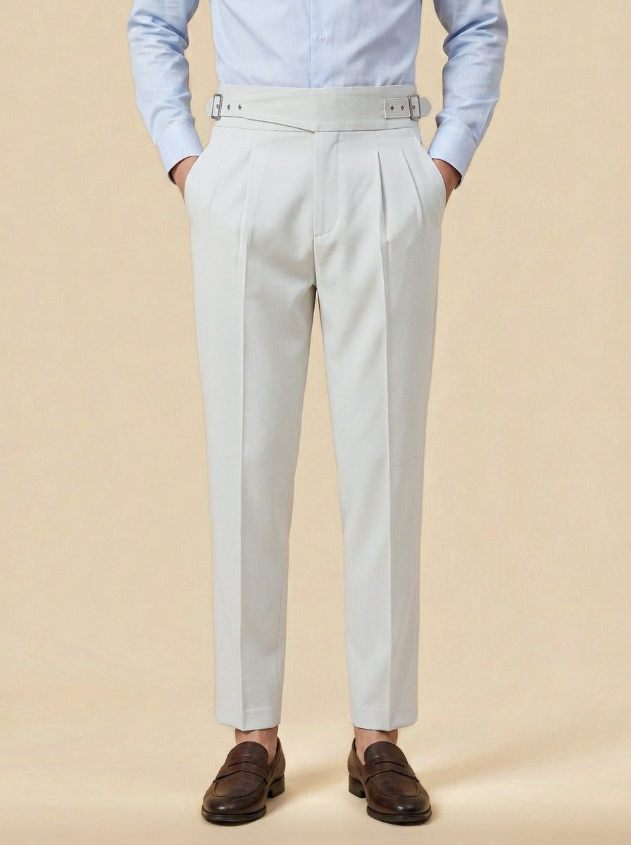 Wyatt crossover strap high waisted trousers in White, studio, Gentlemens Manor