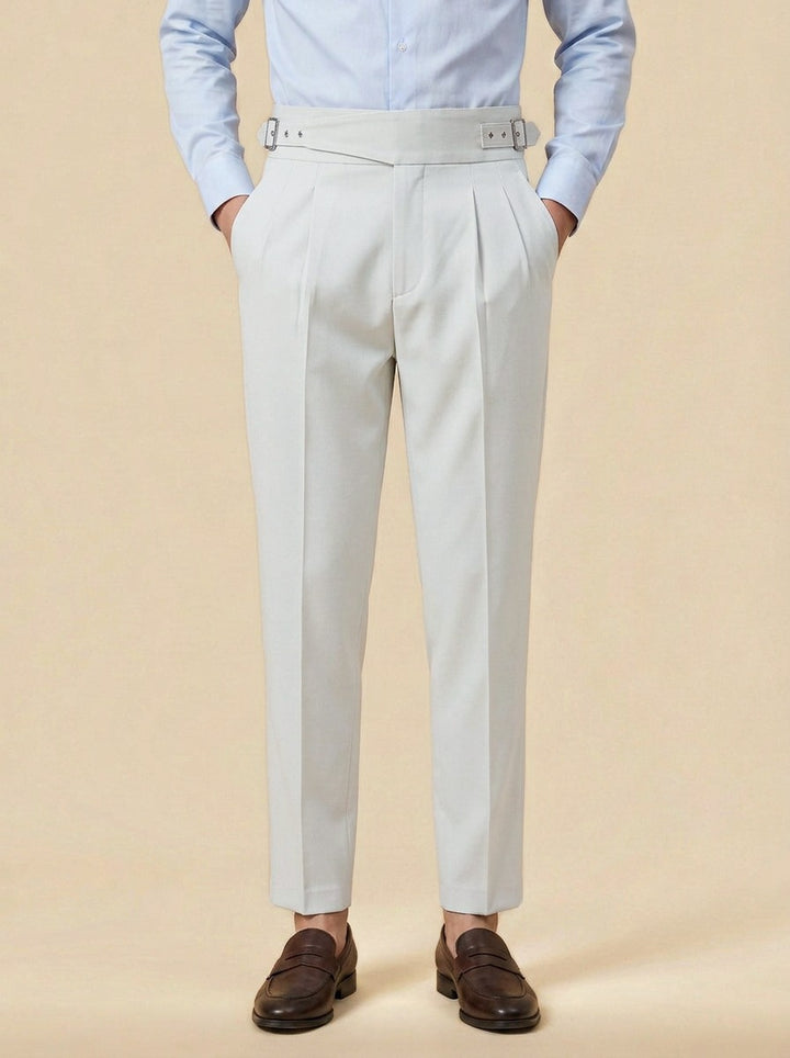 Wyatt crossover strap high waisted trousers in White, studio, Gentlemens Manor