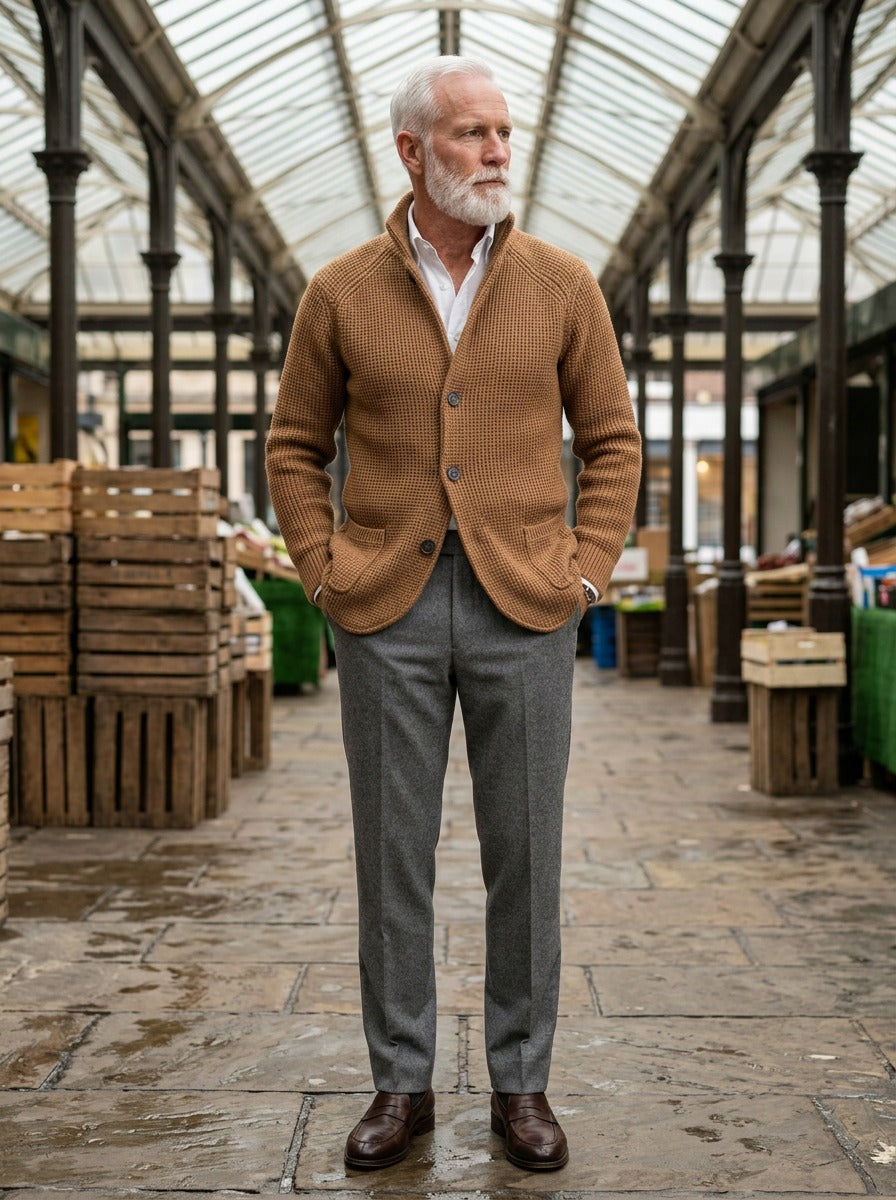 Wyndham waffle knit cardigan in Camel, lifestyle in a covered market hall, Gentlemens Manor