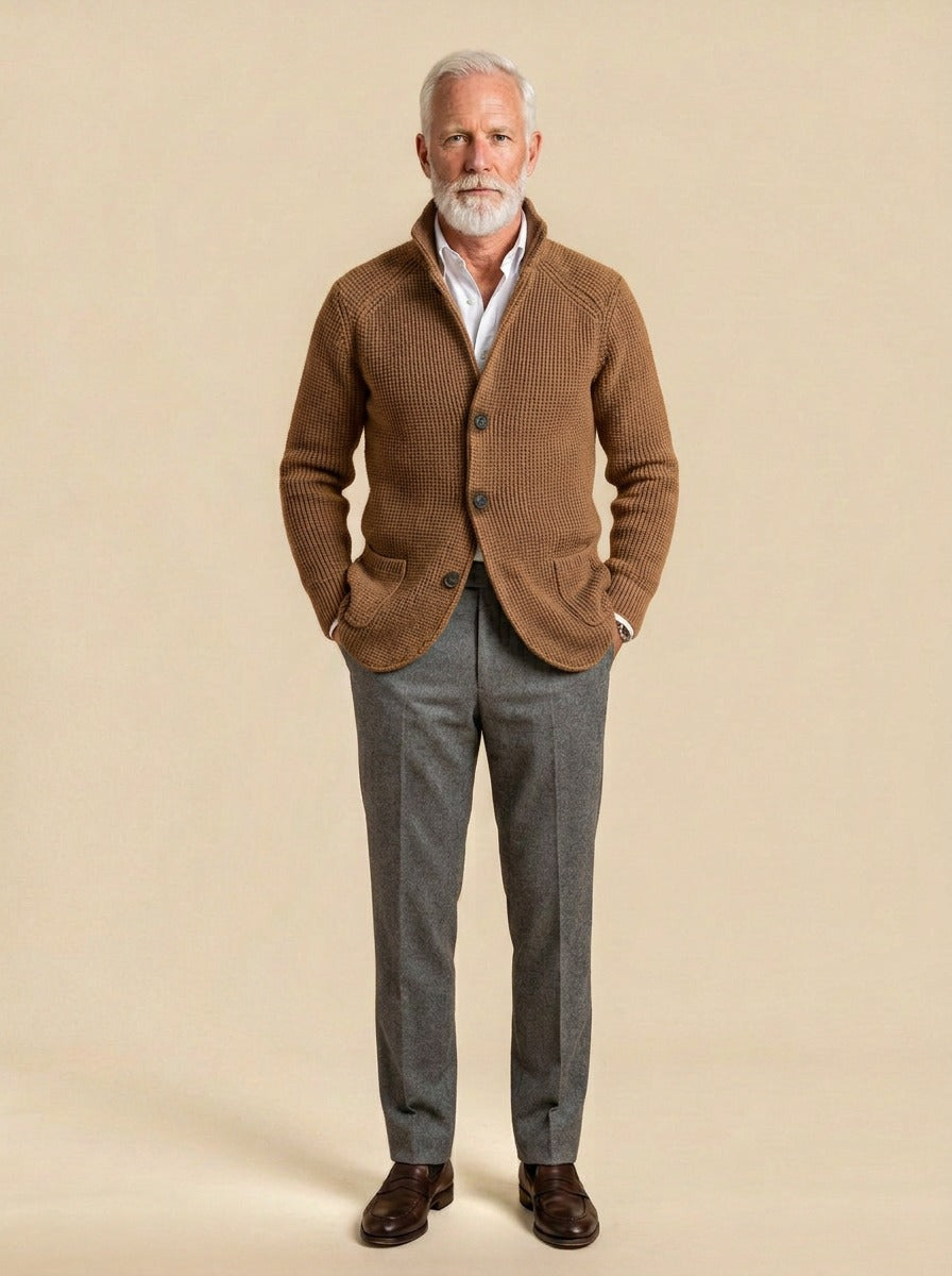Wyndham waffle knit cardigan in Camel, studio, Gentlemens Manor