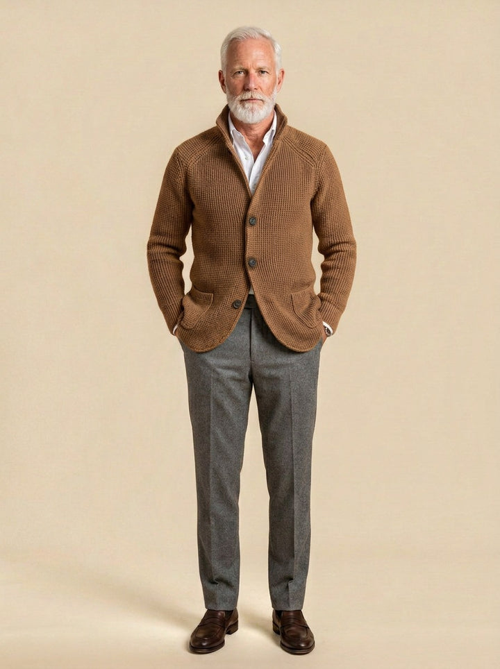 Wyndham waffle knit cardigan in Camel, studio, Gentlemens Manor