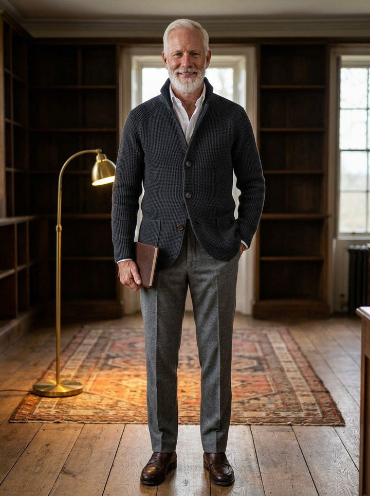 Wyndham waffle knit cardigan in Charcoal, lifestyle in a private study, Gentlemens Manor