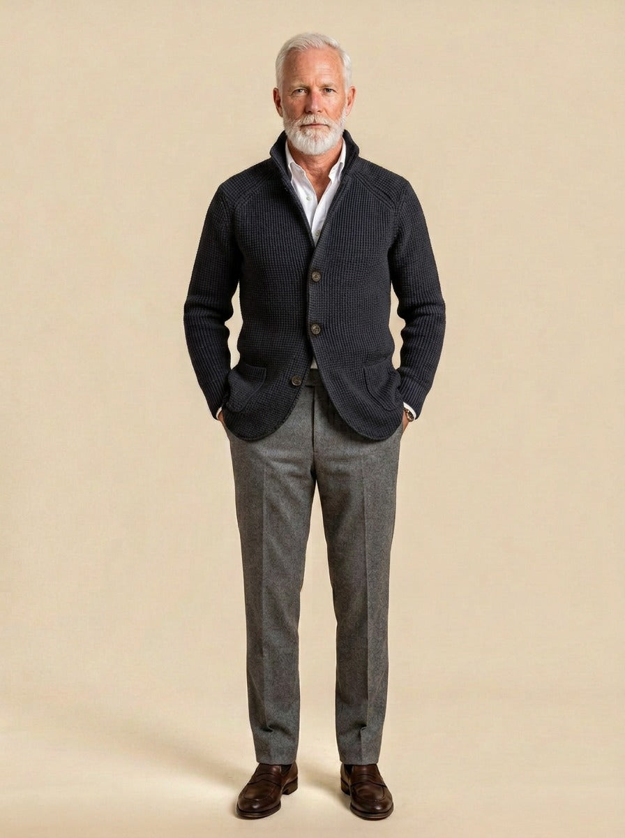 Wyndham waffle knit cardigan in Charcoal, studio, Gentlemens Manor