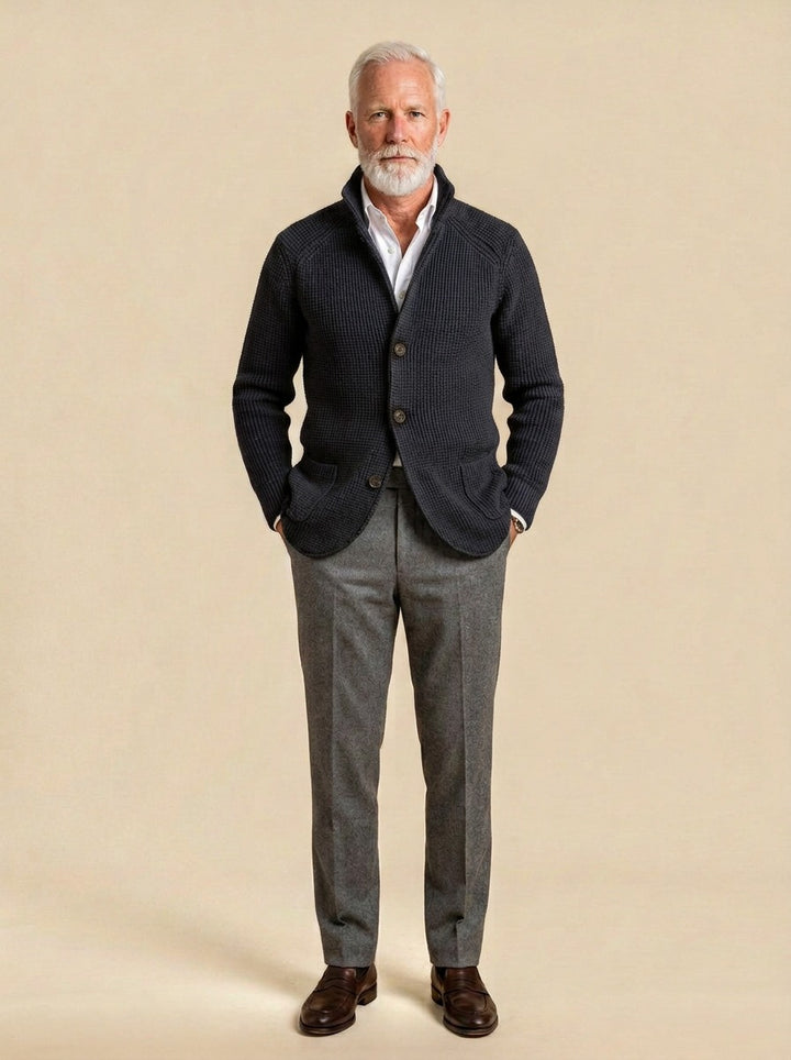 Wyndham waffle knit cardigan in Charcoal, studio, Gentlemens Manor