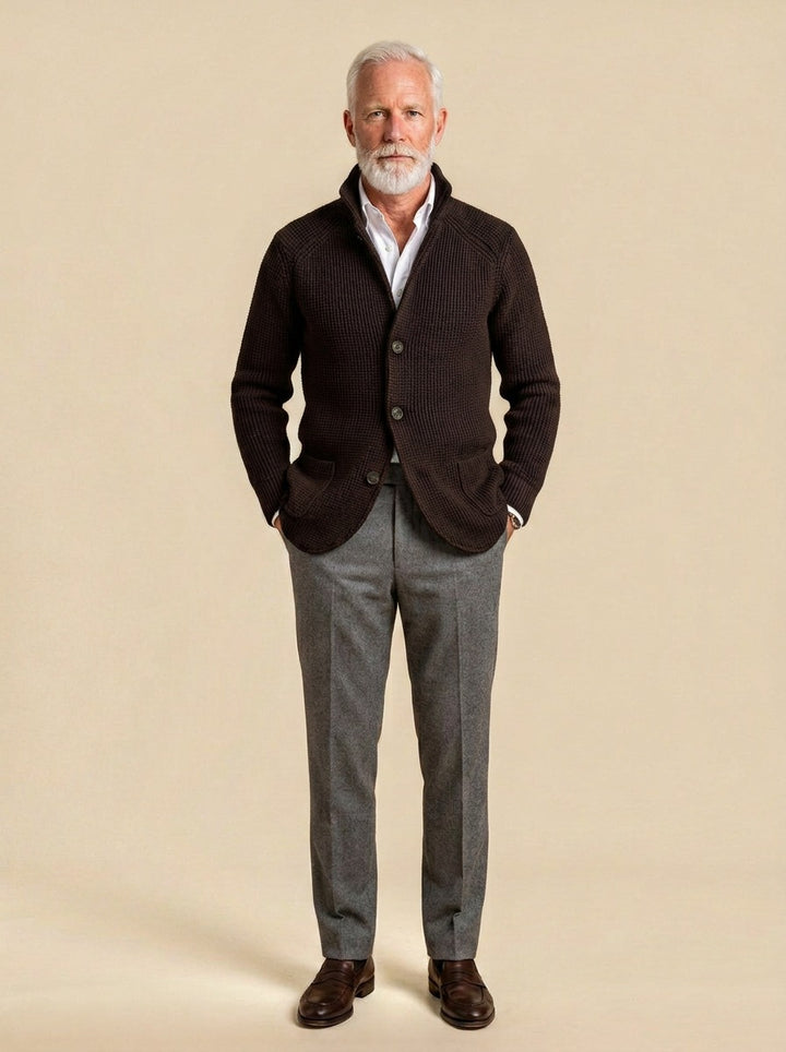 Wyndham waffle knit cardigan in Dark Brown, studio, Gentlemens Manor